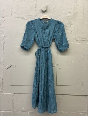 Figueroa & Flower Blue Embroidered Puff Sleeve Maxi Dress